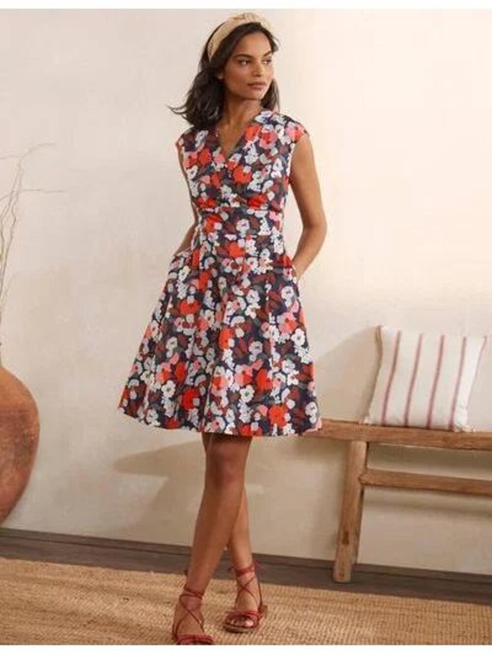 Boden Size 12 P Clemmie Blue Pink Orange White Floral Cotton Stretch Dress